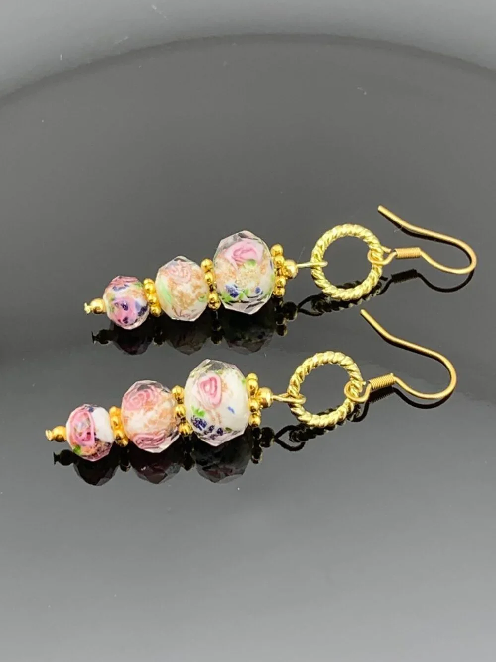 Rose Flower Facet Cut Glass Lampwork Bead Elegant Handcrafted Earrings LR217